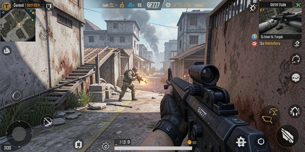 Menampilkan aksi seru dalam permainan FPS GF777 yang mendebarkan.