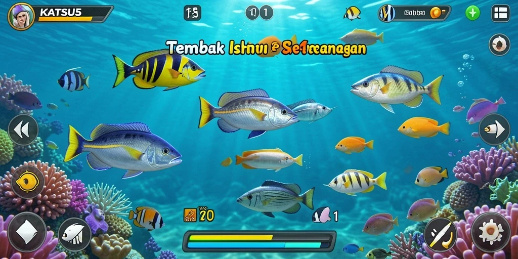 Screenshot KATSU5 menampilkan aksi seru menembak ikan.