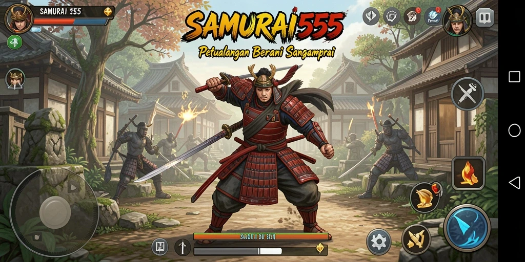 Tangkapan layar utama SAMURAI555 menunjukkan gameplay dinamis samurai dalam pertempuran.