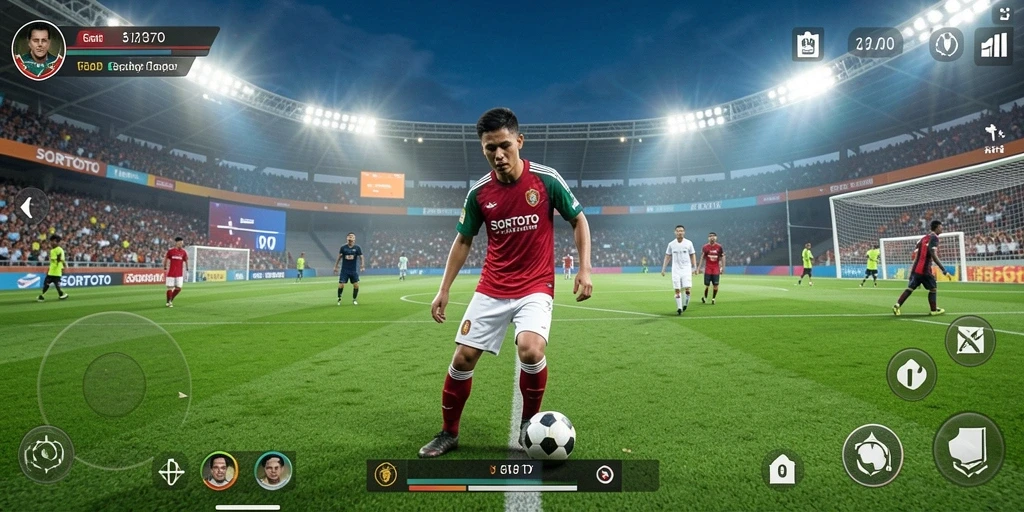 Gameplay SORTOTO menampilkan pertarungan sepak bola yang intens dan seru.